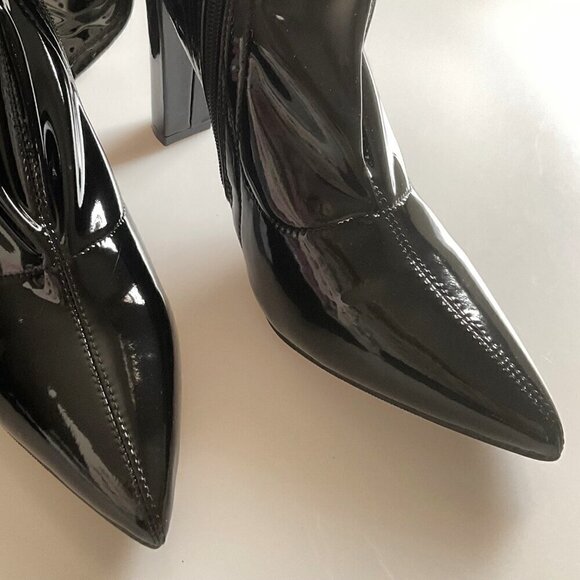 NEW WSKEISP HEELED OVER THE KNEE BOOTS PATENT LEATHER PU CHUNKY BLOCK HEEL (Flaw - Picture 9 of 16